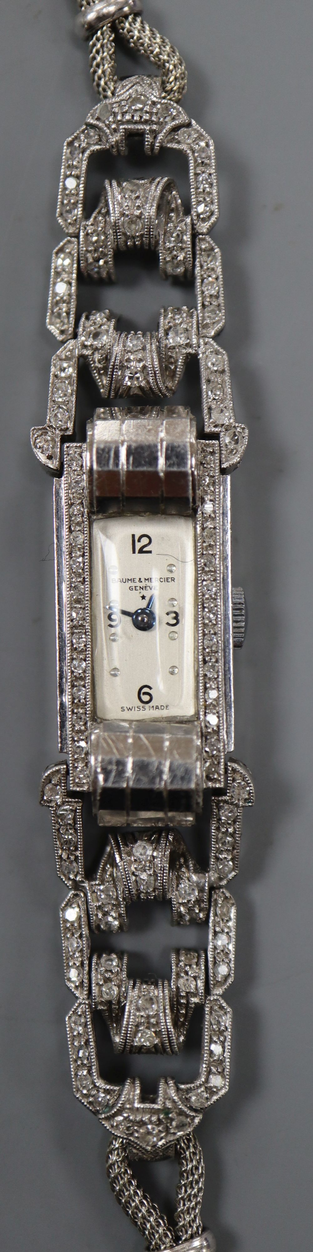 A ladys 1950s white metal (stamped Plat) and diamond set Baume & Mercier manual wind cocktail watch